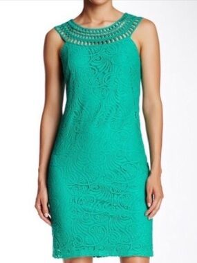 Eliza J Teal Blue-Green Lace Sheath Dress with Crochet Neckline - Size 6